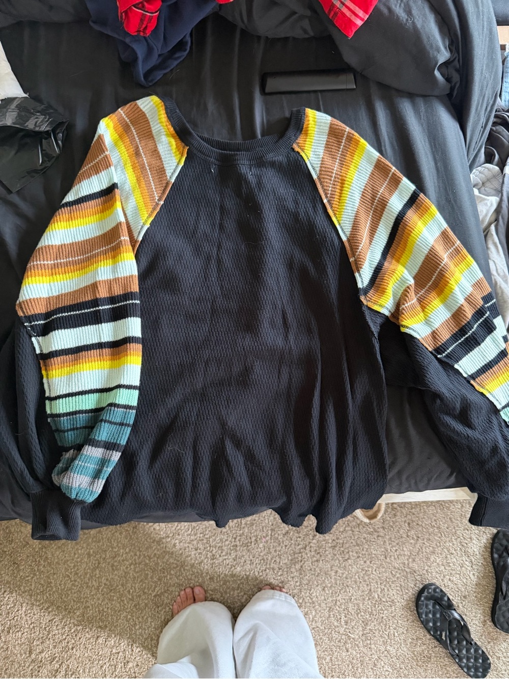 We The Free Black Waffle Knit Top with Striped Raglan Sleeves